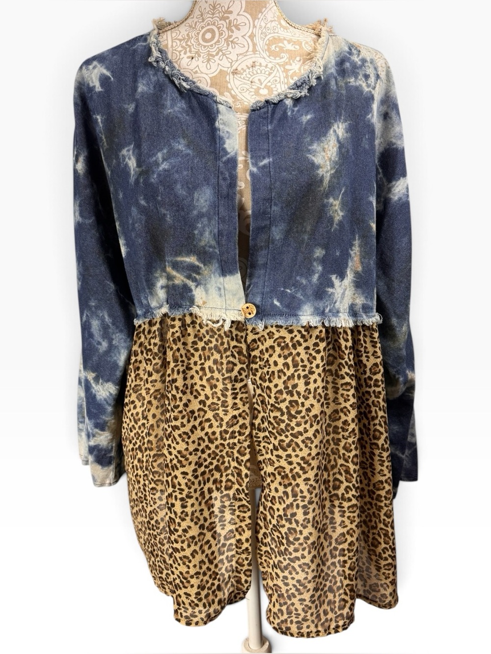 A Rare Bird Denim Sheer Jacket L XL Distressed Acid Wash Leopard Shabby Cardigan